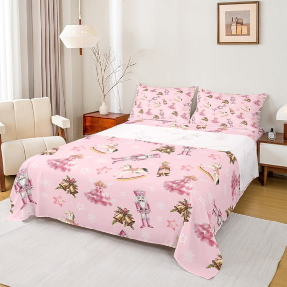 Manfei Christmas Nutcracker Soldier Bed Sheets,Cartoon Unicorn King Sheets,Gold Xmas Bell Sheet Set For Child,Breathable Home Decor,4-Piece