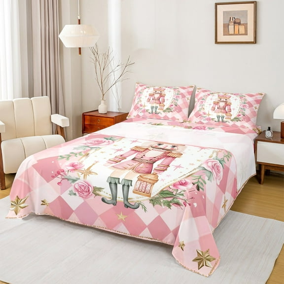 Manfei Christmas Nutcracker Twin Sheet Sets 3 Pieces, Girls Floral Blossom Twin Fitted Sheet, Pink Buffalo Plaid Flat Sheet, Luxury Bedroom Decor