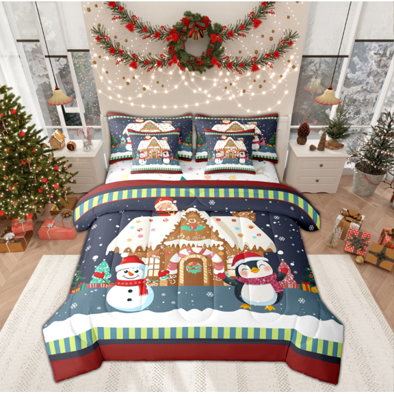 Manfei Christmas Penguin Kids Twin Bedding Sets 7-Piece, Kawaii Cartoon Snowman Bedding Comforter Set, Winter Snowflake Reversible Sheet Sets, Lightweight Room Decor