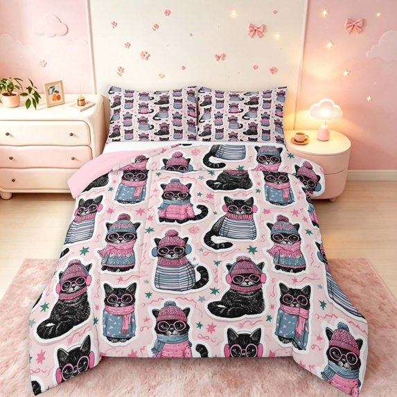 Manfei Christmas Pet Cat Queen Comforter Set,Traditional Stars Comforter Sets Queen,Pink Black,Pink Reversible,3-Piece,1 Comforter and 2 Pillowcases