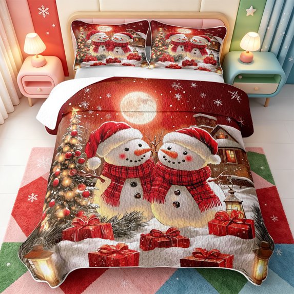 Manfei Christmas Red-Green Snowflake Bed Spread Queen,Modern Farm Cattle Queen Coverlet Set,3pcs,1 Quilt and 2 Pillowcases