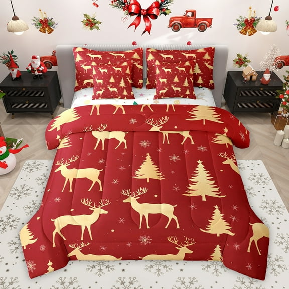 Homewish Christmas Reindeer Moose Bedding Comforter Set 7pcs, Red Gold Cartoon Queen Bedding Sets, Winter Xmas Tree Snowflake Reversible Queen Sheet Sets, Lightweight Room Decor