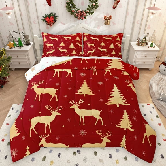 Homewish Christmas Reindeer Moose Queen Comforter Set, Red Gold Cartoon Bedding Sets, Winter Xmas Tree Snowflake Reversible Bedding Comforter Set, Lightweight Room Decor, 3-Piece