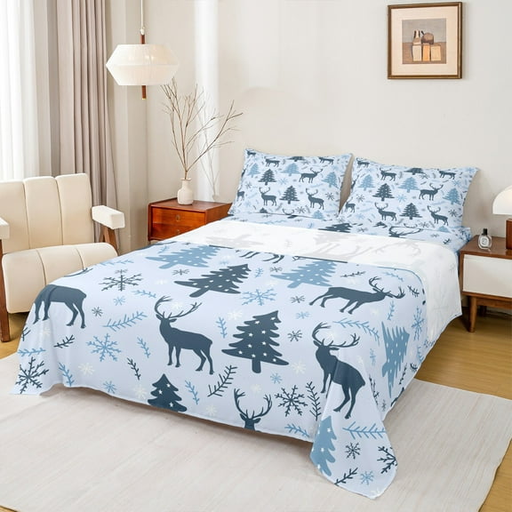 Manfei Christmas Reindeer Print Twin Sheet Sets, Stars Xmas Tree Twin Fitted Sheet, Winter Snowflake Flat Sheet, Luxury Bedroom Decor, 3 Pieces