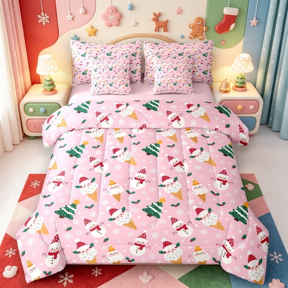 Manfei Christmas Retro Santa Claus 7-Piece King Bedding,Merry Bow King Bed in a Bag,Pink Reversible