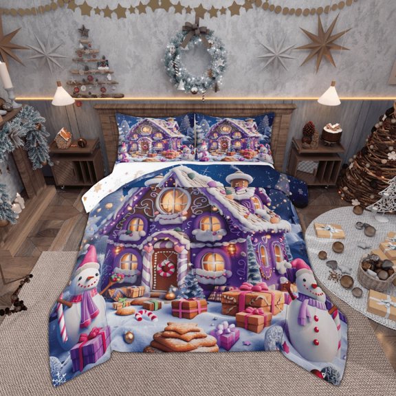 Manfei Christmas Rustic Cabin Full Size Comforter Sets, Western Fairy Tale Bedding Comforter Set, Winter Festival Holiday Reversible Bedding Sets, Breathable Home Decor, 3pcs