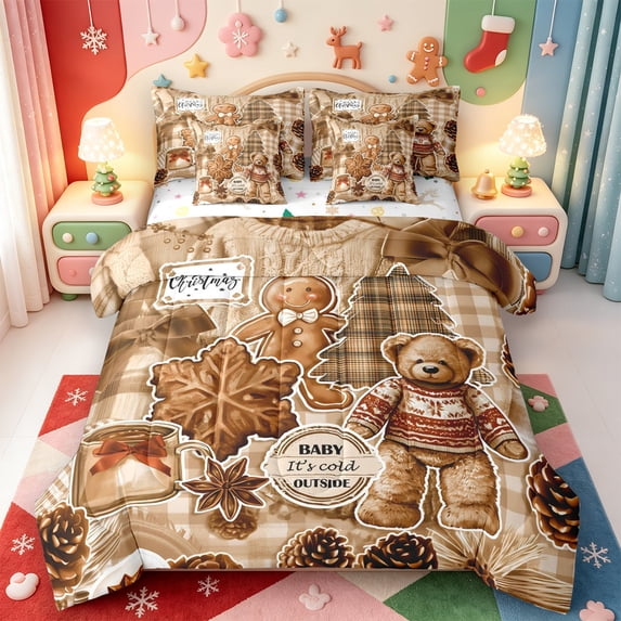 Manfei Christmas Rustic Checkered 7-Piece King Bedding,Classic Farmhouse Cow King Bed in a Bag,Xmas Reversible