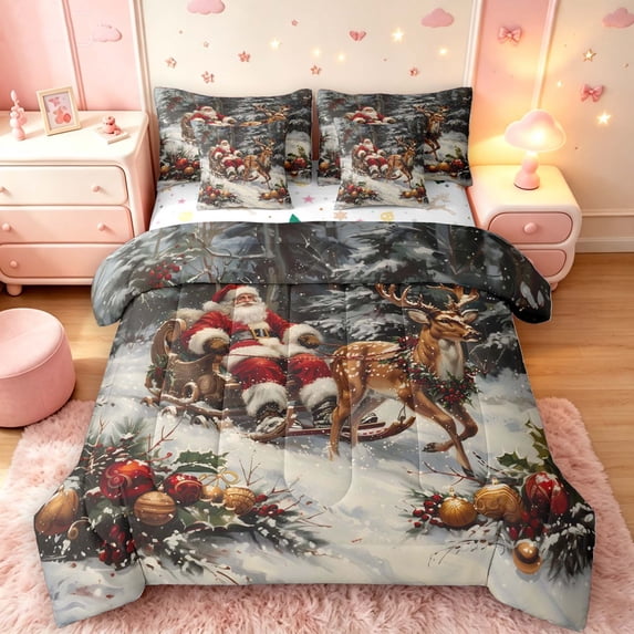 Manfei Christmas Santa 7pcs Queen Bedding,Festive Reindeer Animals Bedding Comforter Set Queen,Gray Orange,Christmas Reversible