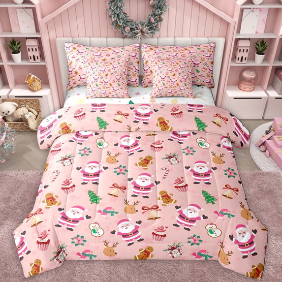Manfei Christmas Santa Claus 7 Pieces Bedding Comforter Set,Kawaii Xmas Reindeer Full Bedding Set,Happy New Yaer Fitted Sheet Flat Sheet For Girls Boys,Microfiber Bedroom Decor Reversible