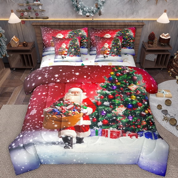 Manfei Christmas Santa Claus 7pcs Bedding Comforter Set,Kawaii Xmas Tree Queen Bedding Sets,Happy New Yaer Queen Sheet Sets For Girls Boys,Microfiber Bedroom Decor Reversible