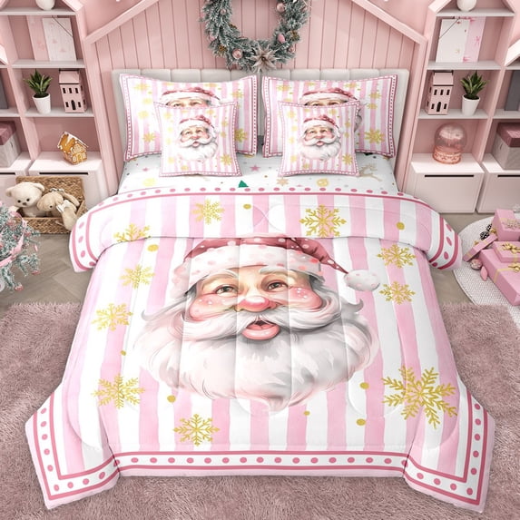 Manfei Christmas Santa Claus Bedding Comforter Set 7-Piece for Kids Children,Xmas Golden Snowflakes King Bedding Sets,Geometric Stripes Ultra Soft Bed Sheets,Lightweight Room Decor,Reversible