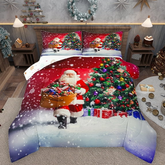 Manfei Christmas Santa Claus Bedding Comforter Set,Kawaii Xmas Tree Twin Comforter Sets,Happy New Yaer Bedding Set For Girls Boys,Microfiber Bedroom Decor Reversible,2pcs