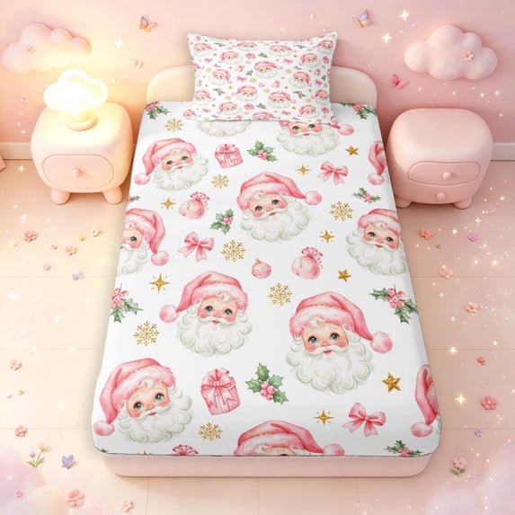 Manfei Christmas Santa Claus Fitted Sheet Full,Traditional Gift Bowknot Bed Set,Pink White,3 Pieces,1 Fitted Sheet and 2 Pillowcases