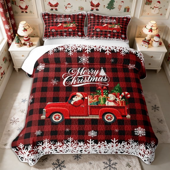 Manfei Christmas Santa Claus Truck Bed Spread Queen 3pcs,Happy Xmas Queen Coverlet Set,1 Quilt and 2 Pillowcases