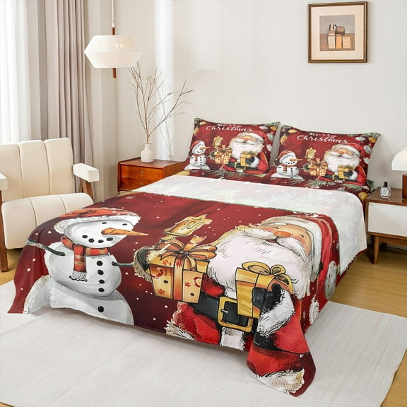 Manfei Christmas Santa Claus Twin Sheet Sets,Cartoon Snowman Twin Fitted Sheet,Red White Flat Sheet For Girl Boy,Super Cozy Room Decor,3pcs