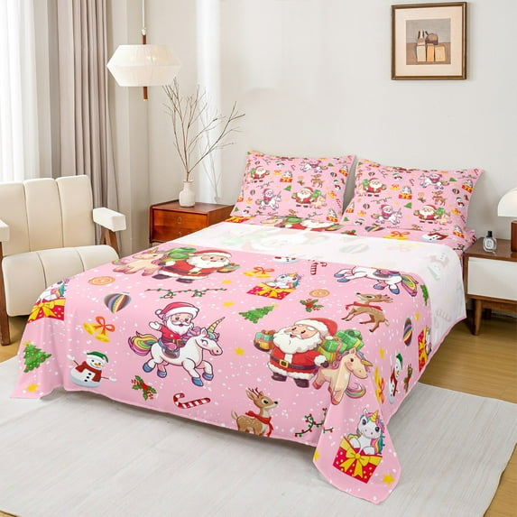 Manfei Christmas Santa Claus Twin Sheet Sets,Cartoon Unicorn Twin Fitted Sheet,Pink Red Flat Sheet For Girl Boy,Super Cozy Room Decor,3 Pieces