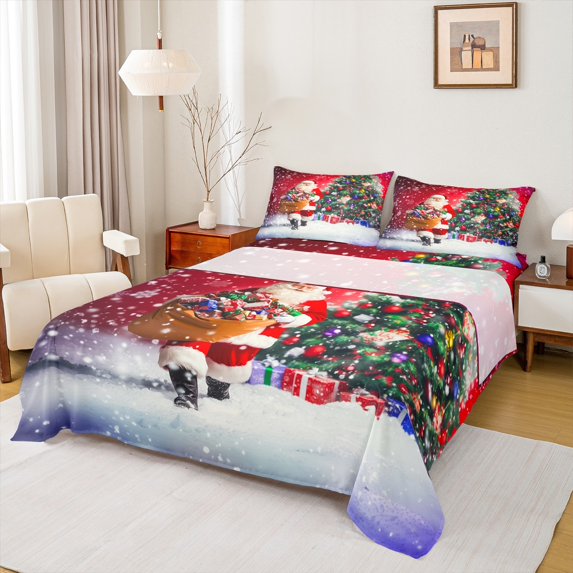 Manfei Christmas Santa Claus Twin Sheet Sets,Kawaii Xmas Tree Twin Fitted Sheet,Happy New Yaer Flat Sheet For Girls Boys,Microfiber Bedroom Decor,3pcs