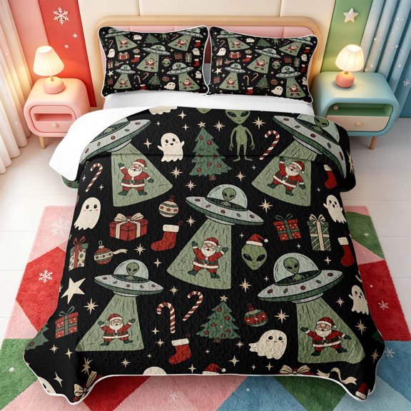 Manfei Christmas Sci-fi Alien Bed Spread Queen,UFO Print Queen Coverlet Set,3pcs,1 Quilt and 2 Pillowcases