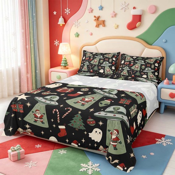 Manfei Christmas Sci-fi Alien Queen Sheets,UFO Print Queen Sheet Sets,1 Flat Sheet,1 Fitted Sheet and 2 Pillowcases