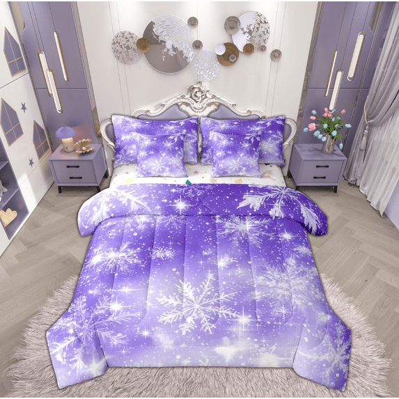 Manfei Christmas Snowflake Child Bedding Comforter Set 7 Pieces, Happy New Year Full Bedding Set, Kawaii Cartoon Glitter Stars Reversible Fitted Sheet Flat Sheet, Luxury Bedroom Decor