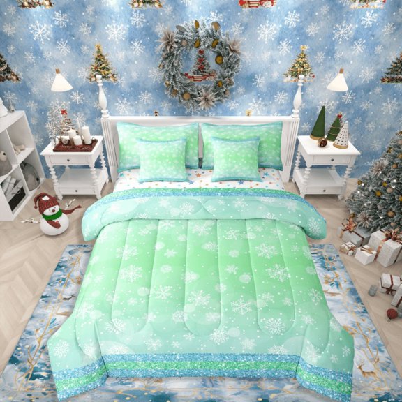 Manfei Christmas Snowflakes 7pcs Bedding Comforter Set,Bling Glitter Queen Bedding Sets Super Cozy,Gradient Ombre Queen Sheet Sets,Luxury Teenagers Bedroom Decor,Reversible