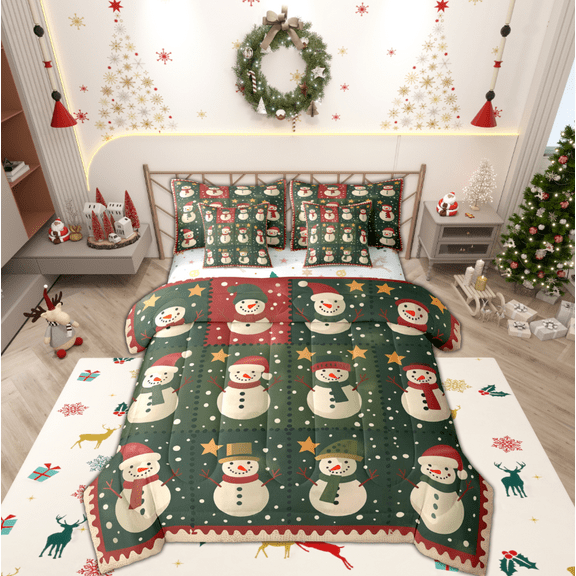 Manfei Christmas Snowman 7-Piece Twin Bedding Sets,Merry Xmas Bedding Comforter Set,Green White Red Sheet Sets For Kids,Microfiber Bedroom Decor Reversible