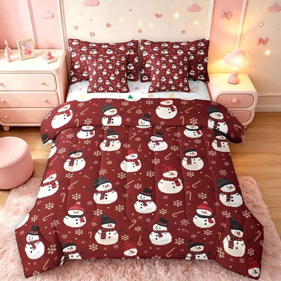 Manfei Christmas Snowman 7-Piece Twin Bedding,Traditional Snowflake Candy Cane Bedding Comforter Set,Red White,Christmas Reversible
