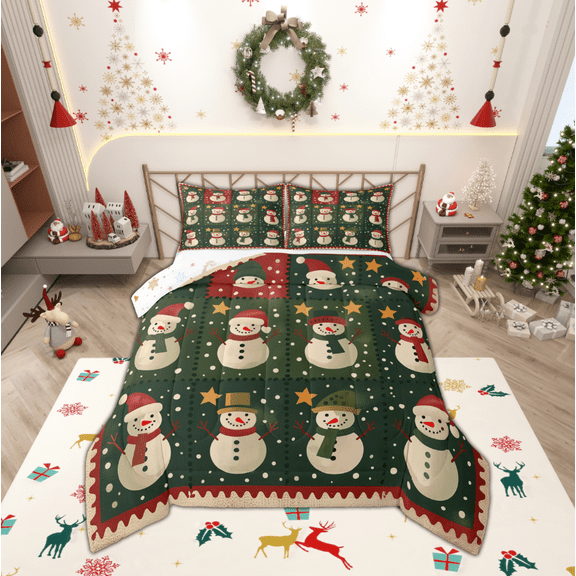 Manfei Christmas Snowman Bedding Comforter Set,Merry Xmas Twin Comforter Sets,Green White Red Bedding Set For Kids,Microfiber Bedroom Decor Reversible,2-Piece