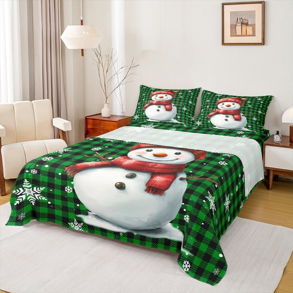 Manfei Christmas Snowman Child Bed Sheets, Black Green Buffalo King Sheets, Winter Western Festival Sheet Set, Ultra Soft Home Decor, 4pcs