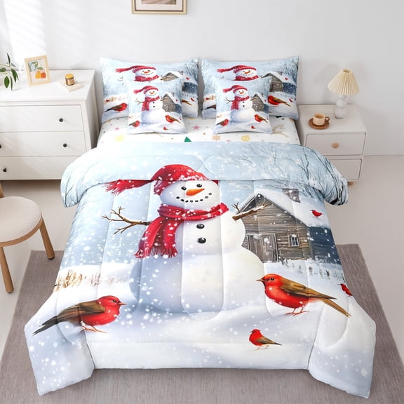 Manfei Christmas Snowman Child Bedding Comforter Set 7 Pieces, Rustic Farmhouse Cabin Full Bedding Set, Winter Western Festival Reversible Fitted Sheet Flat Sheet, Lightweight Room Decor