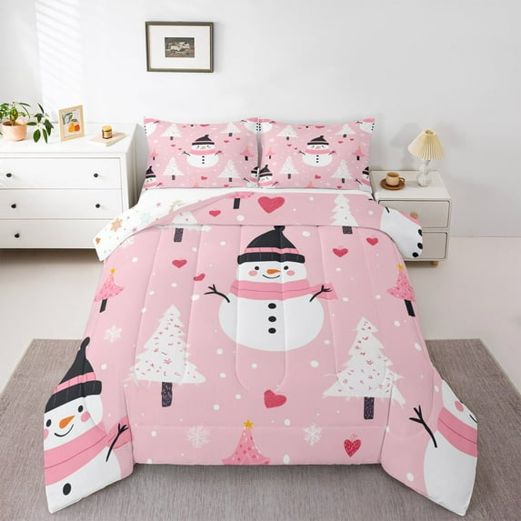 Manfei Christmas Snowman Child Bedding Comforter Set, Rustic Farmhouse Tree Twin Comforter Sets, Kawaii Love Heart Reversible Bedding Set, Luxury Bedroom Decor, 2 Pieces