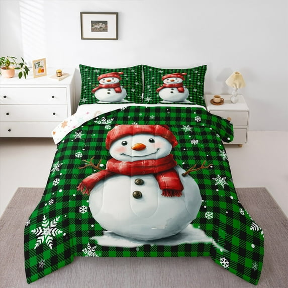 Manfei Christmas Snowman Child Full Size Comforter Sets, Black Green Buffalo Bedding Comforter Set, Winter Western Festival Reversible Bedding Sets, Ultra Soft Home Decor, 3pcs