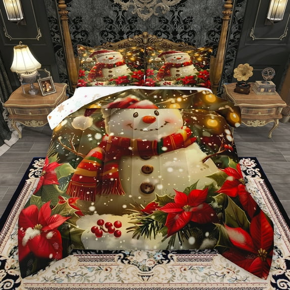 Manfei Christmas Snowman Child Full Size Comforter Sets, Jungle Poinsettia Floral Bedding Comforter Set, Happy New Year Reversible Bedding Sets, Lightweight Room Decor, 3-Piece