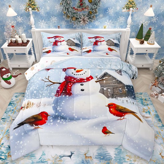 Homewish Christmas Snowman Child Queen Comforter Set, Red Robin Bird Bedding Sets, Winter Western Cabin Reversible Bedding Comforter Set, Breathable Home Decor, 3pcs