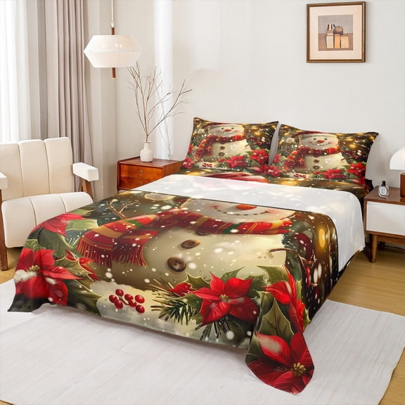 Manfei 4pcs Christmas Snowman Sheet Set, Queen - Poinsettia & New Year
