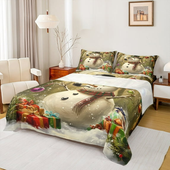 Manfei Christmas Snowman Child Queen Sheet Sets, Yellow Green Flat Sheet, Winter Western Festival Queen Fitted Sheet, Microfiber Bedroom Decor, 4 Pieces