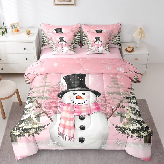 Manfei Christmas Snowman Child Twin Bedding Sets 7-Piece, Rustic Farmhouse Cabin Bedding Comforter Set, Winter Western Festival Reversible Sheet Sets, Super Cozy Room Decor