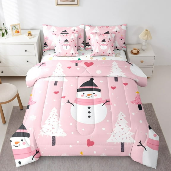 Manfei Christmas Snowman Child Twin Bedding Sets 7-Piece, Rustic Farmhouse Tree Bedding Comforter Set, Kawaii Love Heart Reversible Sheet Sets, Luxury Bedroom Decor