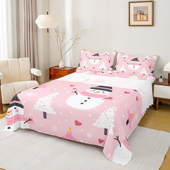 Manfei Christmas Snowman Twin Sheet Set, Farmhouse Tree Love Heart 3-Piece Decor