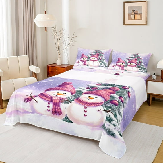 Manfei Christmas Snowman Child Twin Sheet Sets, Rustic Farmhouse Tree Twin Fitted Sheet, Winter Western Festival Flat Sheet, Breathable Home Decor, 3pcs