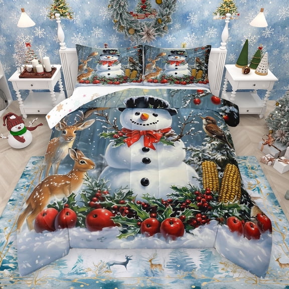 Manfei Christmas Snowman Queen Comforter Set,Rustic Deer Berry Bedding Sets,Red White Brown Bedding Comforter Set For Girl Boys,Super Cozy Room Decor Reversible,3 Pieces