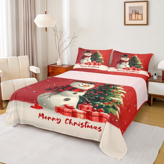 Manfei Christmas Snowman Teens Bed Sheets, Vintage Western Festival King Sheets, Green Xmas Tree Sheet Set, Ultra Soft Home Decor, 4pcs