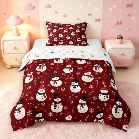 Manfei Christmas Snowman Twin Comforter Sets,Traditional Snowflake Candy Cane Bedding Set,Red White,Christmas Reversible,2pcs,1 Comforter and 1 Pillowcase