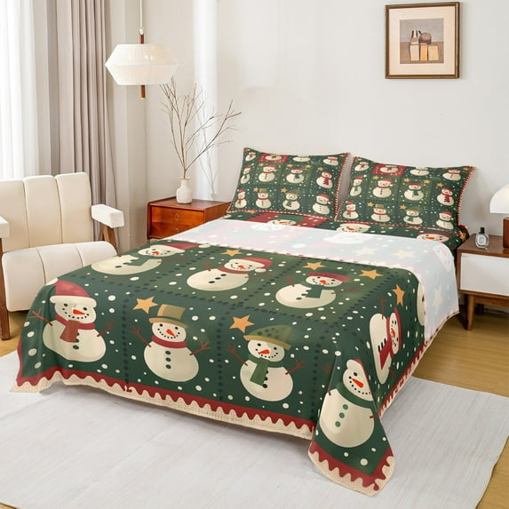 Manfei Christmas Snowman Twin Sheet Sets,Merry Xmas Twin Fitted Sheet,Green White Red Flat Sheet For Kids,Microfiber Bedroom Decor,3-Piece