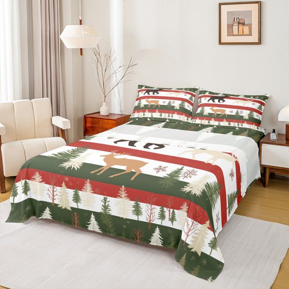 Manfei Christmas Theme Twin Sheet Sets 3 Pieces for Kids, Xmas Deer Tree Twin Fitted Sheet, Green Red White Stripe Flat Sheet, Breathable Home Decor