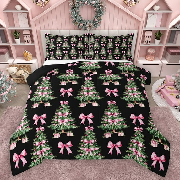 Manfei Christmas Tree 3 Pieces Queen Comforter Set for Female Men Adults,Xmas Festival Ultra Soft Bedding Sets,Kawaii Pink Bowknot Bedding Comforter Set Breathable,Breathable Home Decor,Reversible