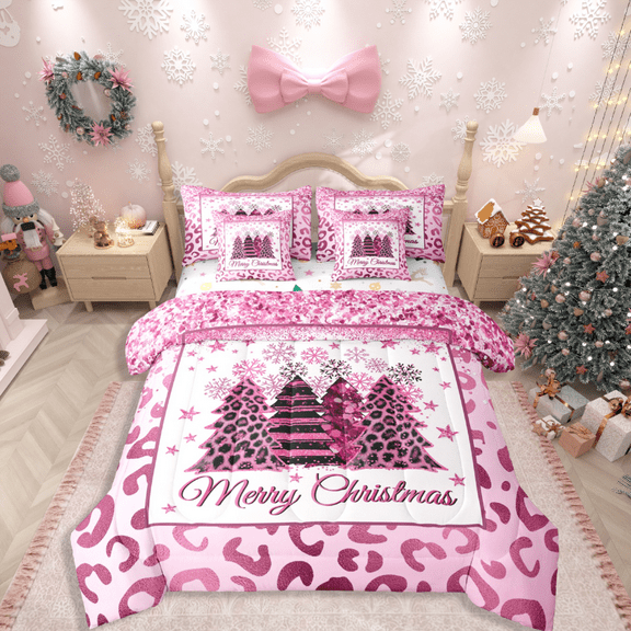 Manfei Christmas Tree 7-Piece Bedding Comforter Set,Black Pink King Bedding Sets,Animal Print Ultra Soft Bed Sheets,Super Cozy Xmas Room Decor,Reversible