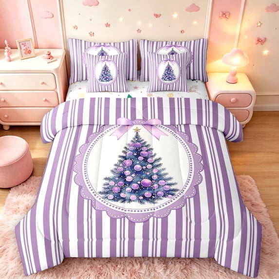 Manfei Christmas Tree 7-Piece Twin Bedding,Cartoon Bowknot Striped Bedding Comforter Set,Purple White,Christmas Reversible