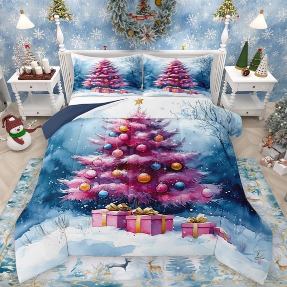 Manfei Christmas Tree Bedding Comforter Set,Happy New Year Twin Comforter Sets,Purple Blue White Bedding Set For Girls Teens,Ultra Soft Home Decor Reversible,2pcs