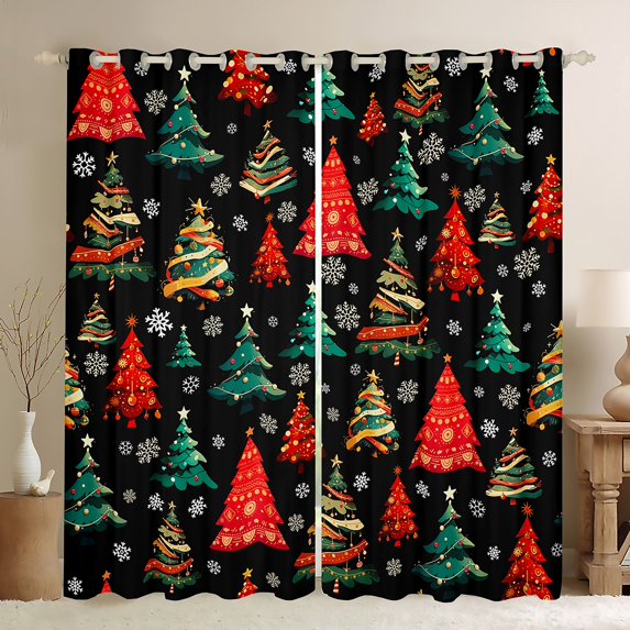 Manfei Christmas Tree Black Out Curtains for Kids Children,Xmas Snowflakes Curtains Pack of 2 (42x63 Each),Festival Theme Bedroom Curtains,Lightweight Room Decor